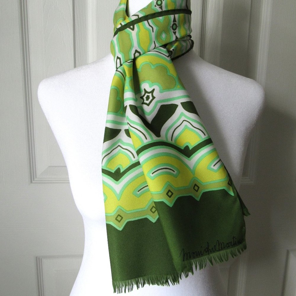 MONIQUE MARTIN Vintage Scarf African Style Tribal Design Green Yellow Fringe
